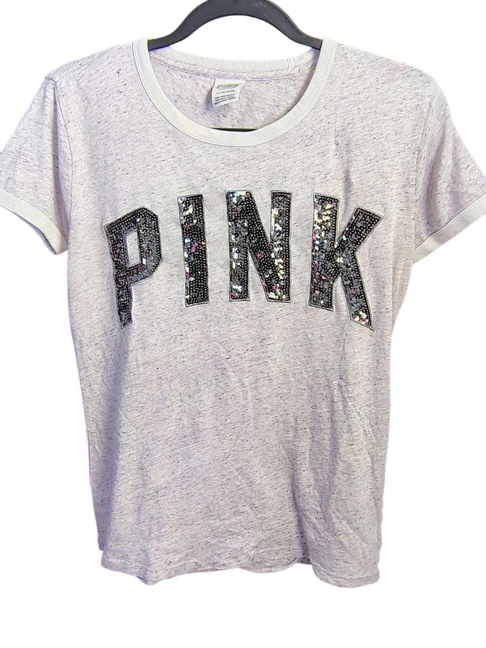 PINK Victoria's Secret Light Gray Short Sleeve Sequin Logo Tee